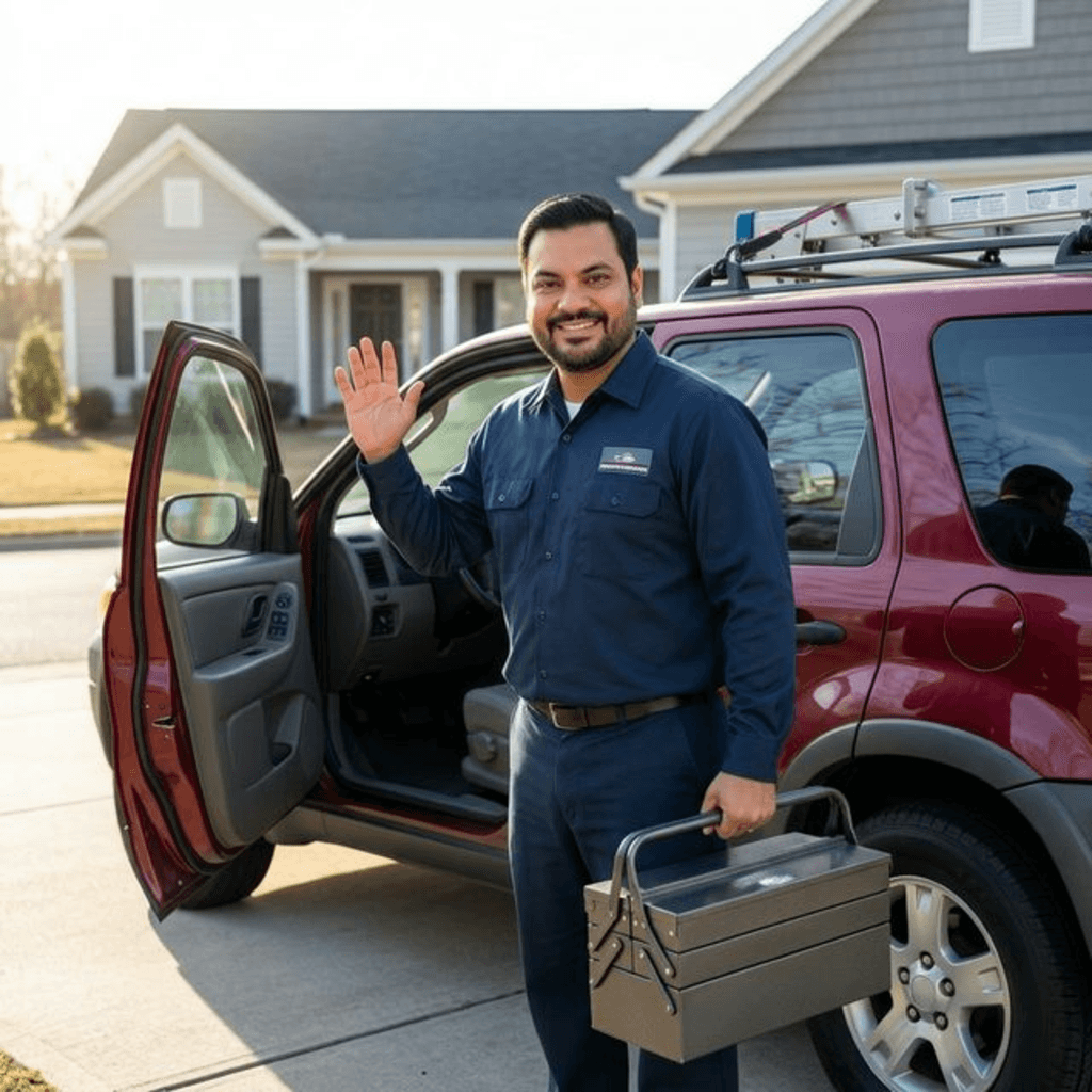 Ramon arriving for a driveway mobile mechanic appointment with his tool case.