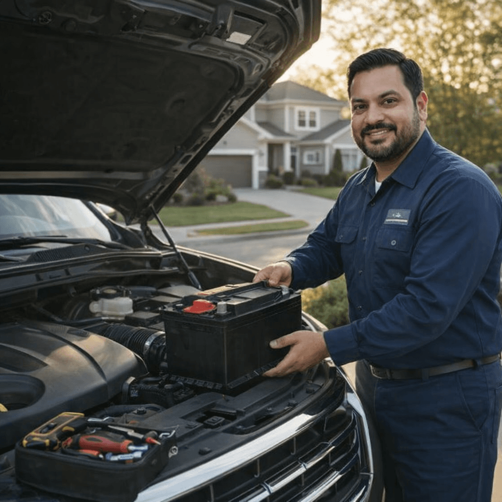 Ramon replacing a car battery during a mobile mechanic appointment in a customer's driveway.