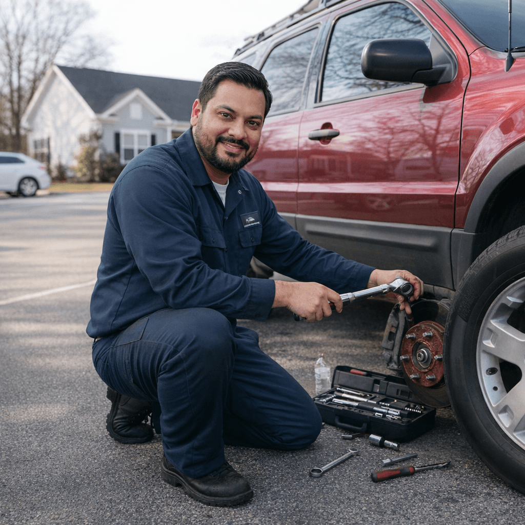 Ramon performing brake service beside a customer's SUV.
