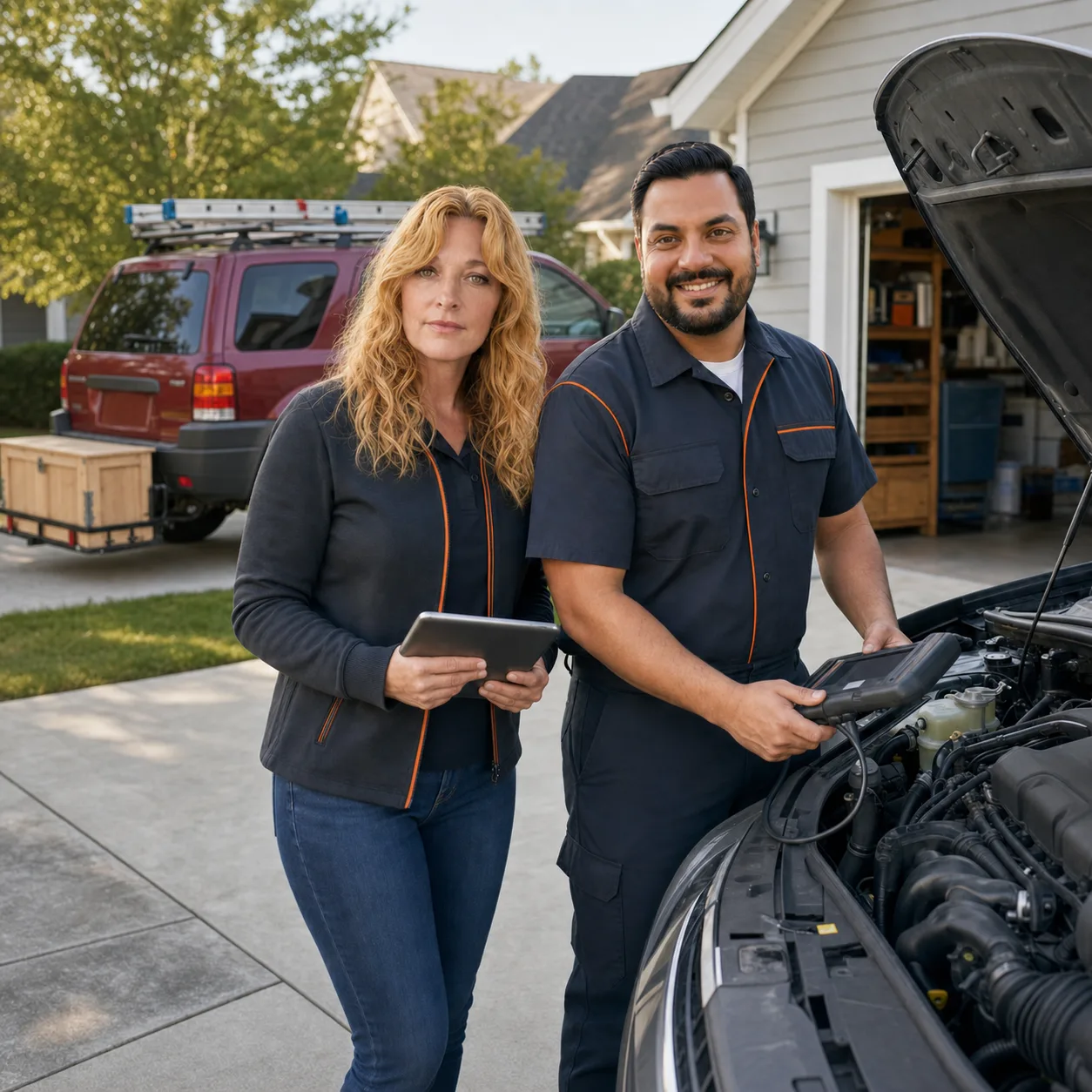 Two MobileMecha technicians standing beside a vehicle during a driveway diagnostic appointment