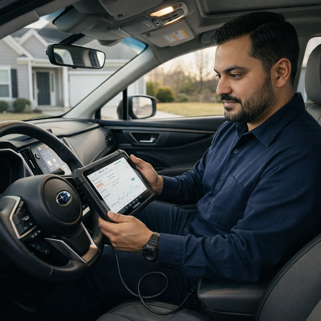 Mobile Mecha technician using a professional diagnostic scanner on a vehicle in a residential driveway.